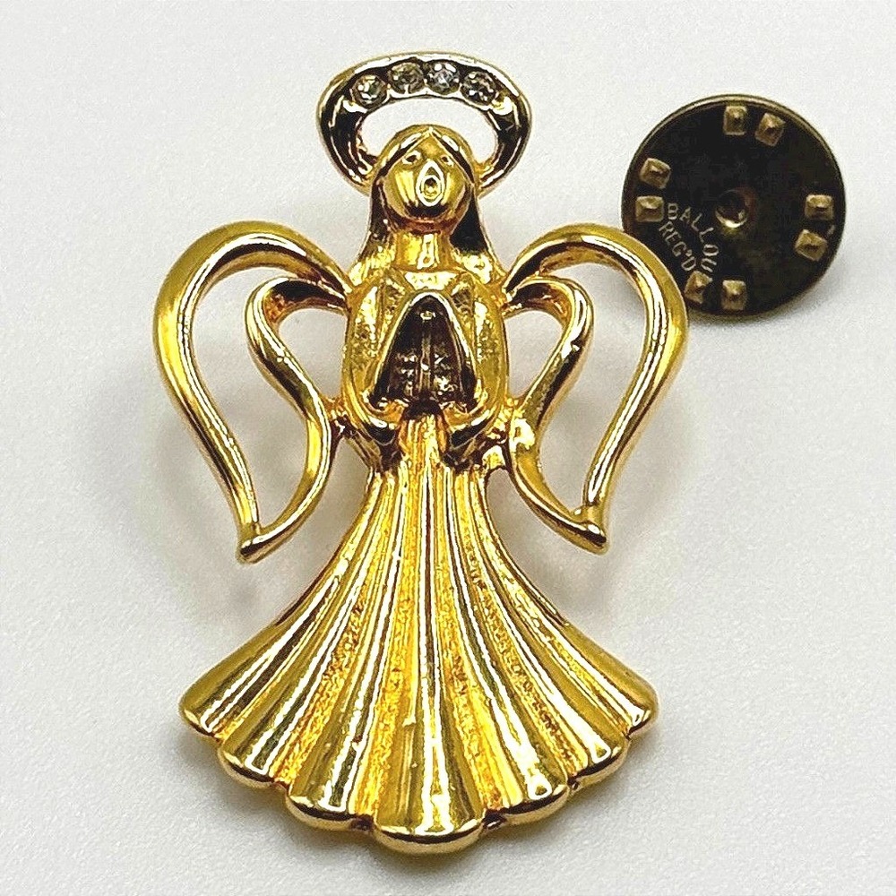 Gold Tone Praying Angel Pin Rhinestone Halo Ballou Regd Clutch Back Brooch